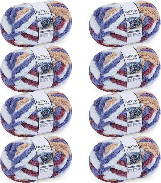 Cozyful Chunky Yarn for Hand Knitting - #10 Chunky Chenille Blanket Yarn, Jumbo Big Thick Chunky Yarns for Crocheting, Tie Dye Bulky Knit Yarns, 8 Skein (20 yds 8 oz Each Skein), Multi Blue&Red&Khaki