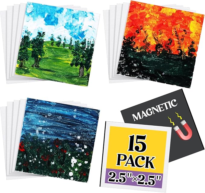 Supervitae 15 Pcs Mini Magnetic Canvas Panel for Painting, 2.5x2.5 Inch Small Canvas Boards with Magnet Square Mini Thin Tile Art DIY Craft Gift for Fridge Locker (White)