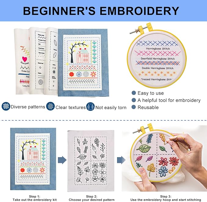 Embroidery Stitch Book Kit for Beginners, 106 Patterns with Tools Tutorials