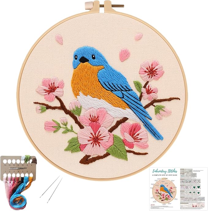 Louise Maelys Blue Bird Embroidery Kit for Beginners, DIY Floral Kit | Needlepoint Kit with Hoop, Printed Fabric, Threads, Needles and Instructions. Perfect for DIY Cross Stitch Kits craft at home