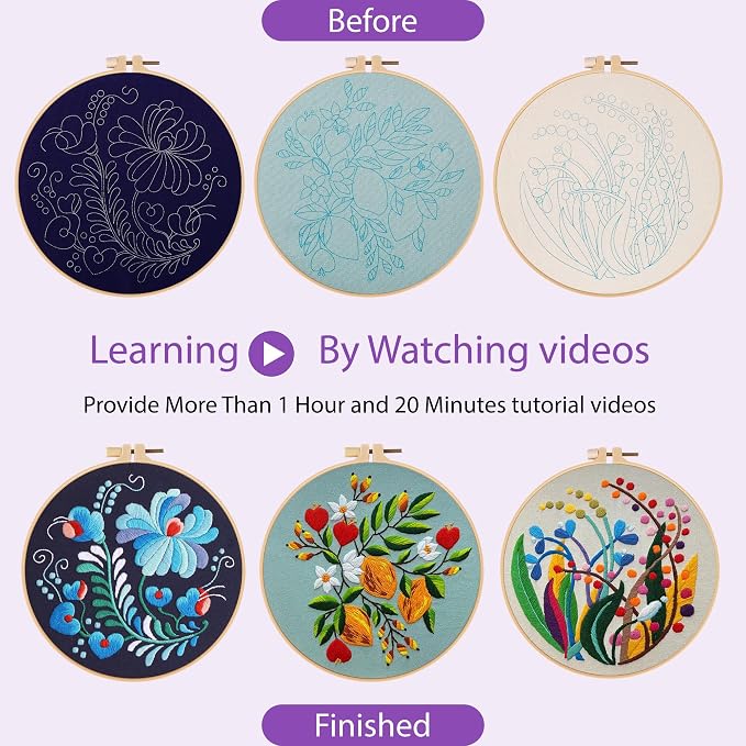 Uniartfy 3 Pack Embroidery Starter Kit for Beginners, Stamped Cross Stitch Kits for Adults with Flowers Plants and Fruits Patterns with 1 Embroidery Hoop and Color Threads, Handmade Needlepoint Kits