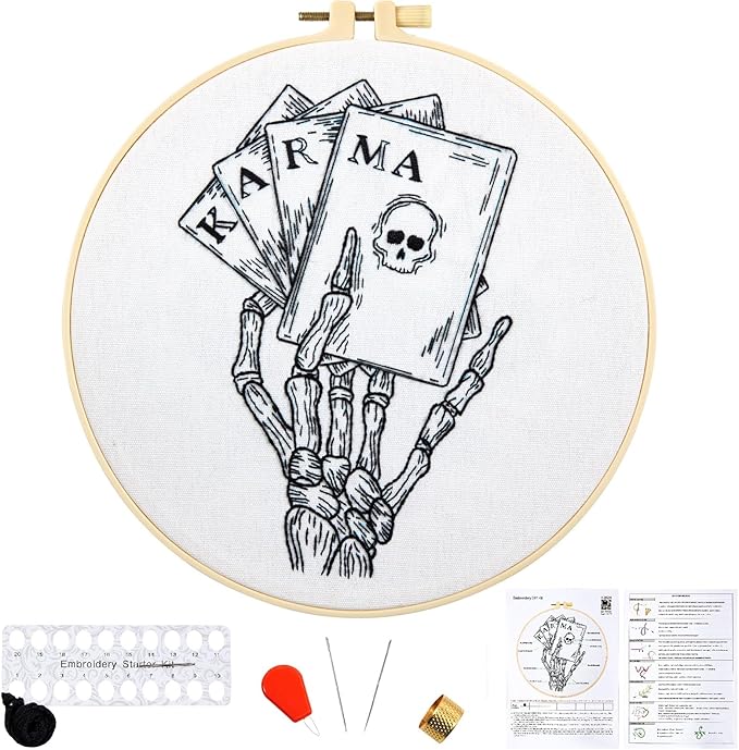 Gothic Tarot Embroidery Kits for Beginners Adults, Halloween Hand Bone Embroidery Starter Kits, Skull Cross Stitch Kits for Beginner Adults Hobbies for Women, Embroidery Fabric, Hoops & Video Tutorial