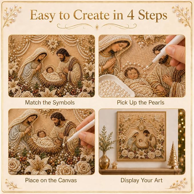 DIY Christmas Pearl Diamond Painting Kit, 5D Pearl Art Craft for Adults and Beginners, Christmas Church and Jesus Wall Decor, Holiday Gifts, 12 x 12 Inch (Jesus Design A)