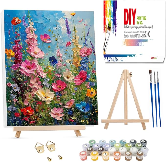 Hutarosl Flowers Paint by Numbers with Frame for Adults - with Wooden Easel,Adult Paint by Number,Flowers Canvas Paint by Numbers for Adults,Gifts and Home Decor 12x16inch