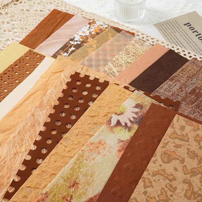 50 Sheets Unique Handmade Textured Scrapbook Paper & Mesh Fabric set - Junk Journal Supplies Craft Paper for Scrapbooking Journaling Supplies for Junk Journal Retro Crafts（Brown）