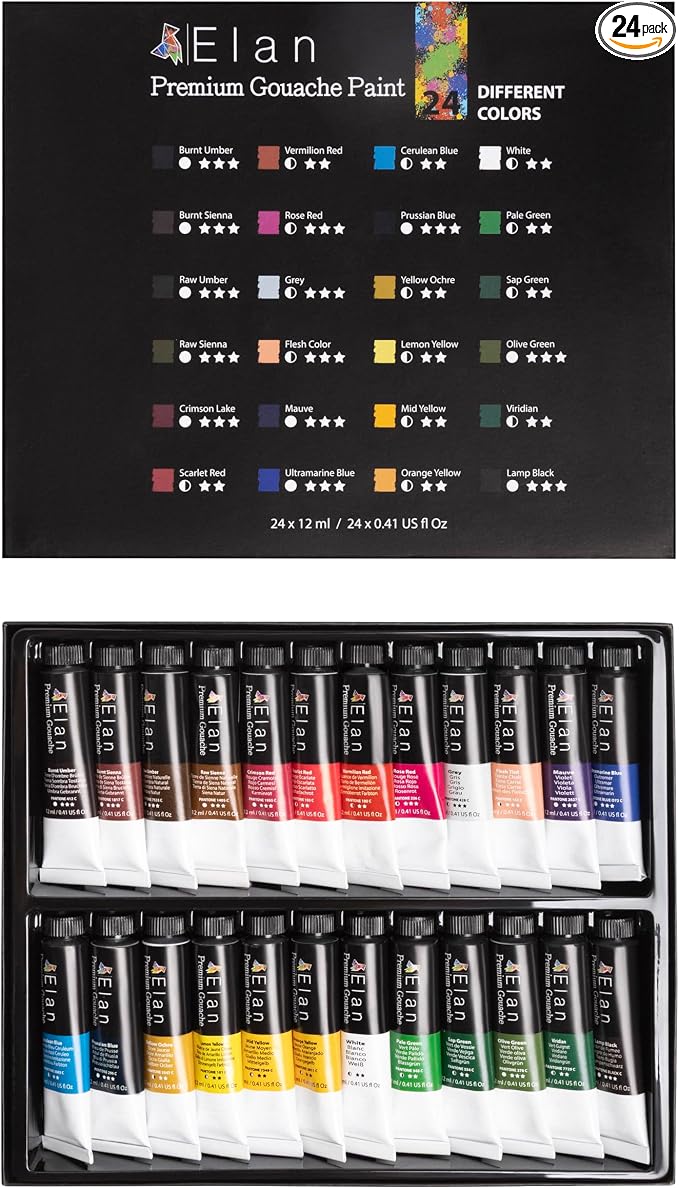 Elan Professional Gouache Paint Set, 24 Rich Colors Gouache Paint Tubes 0.4fl oz, Mini Tubes for Canvas & Crafts, Art Paints for Adults