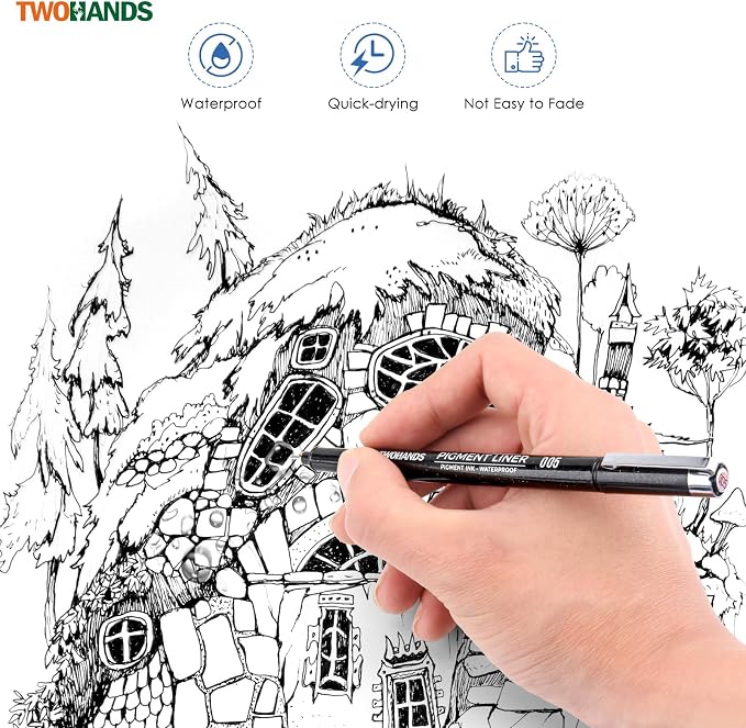 TWOHANDS Art Pen Drawing Marker Pens Fineliners, Set of 16, Black | Technical Drawing Marker, Pigment, For Art Watercolor, Sketching, Anime, Manga，21274