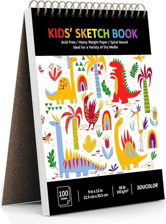 Soucolor Sketch Book for Kids, 9" x 12" Kids Sketchbook, Boys & Girls Gift | 100 Sheets Tear-out Acid-Free Drawing Paper |Spiral bound Smooth Paper for Pencils Markers Crayons, Art Supplies for Kids 3+