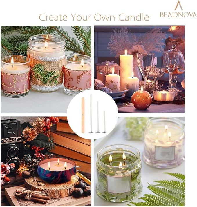 BEADNOVA Candle Wicks Set 150 Pcs Candle String Cotton Wicks with 50 Pcs Wooden Holders Centering Device for Making Supplies DIY (4, 6, 8 Inch)