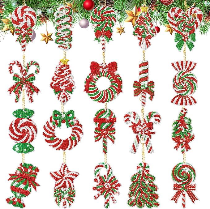 Tondiamo 20 Pcs Christmas Candy Diamond Painting Keychain Kits 5D DIY Diamond Art Pendants Double Sided Hanging Key Chains for Christmas Party Decoration DIY