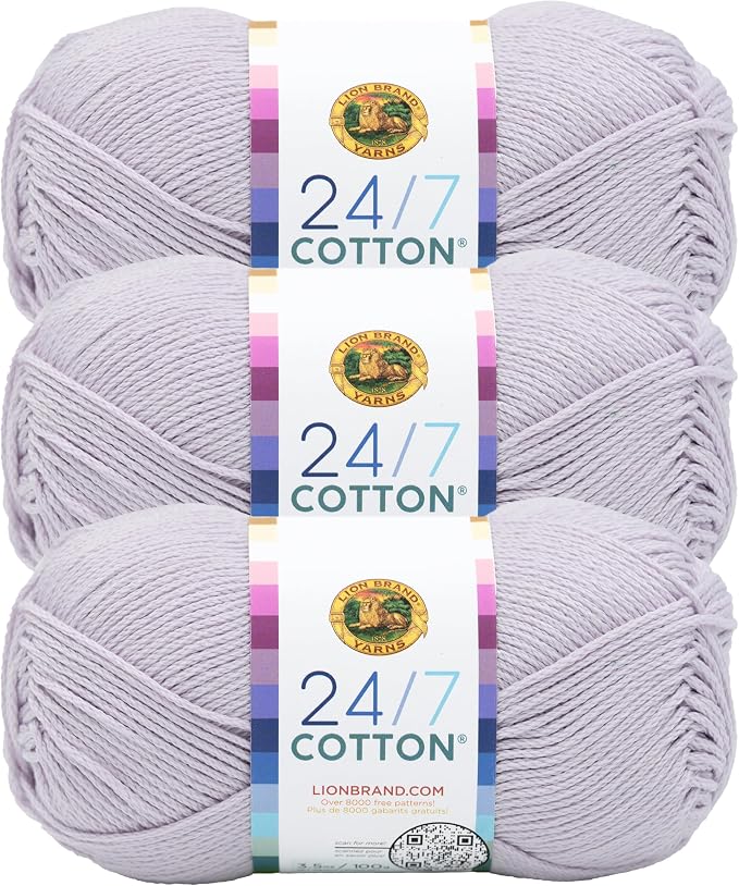 Lion Brand Yarn, 24/7 Cotton Yarn, Wisteria, Light Purple, 3 Pack