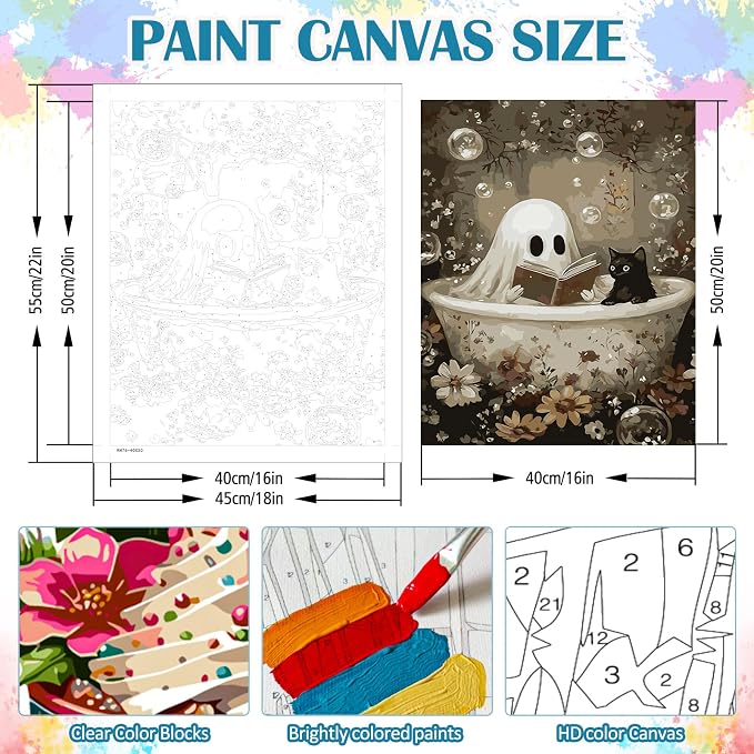 LKHMVCA Halloween Ghost Read Cat Flower Paint by Number Kits for Adults, DIY Paint by Numbers Kits for Adults Beginners Without Frame, Acrylic Paint Canvas Painting Kits Art for Home Decor 16x20 Inch