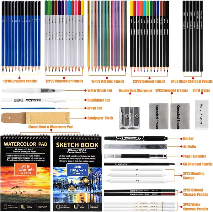 Drawdart Art Supplies Drawing Pencils Set - 76 Pack Pro Sketching Kit with Sketchbook & Watercolor Pad, Includes Graphite, Charcoal, Watercolor & Metallic Pencils for Kids, Teens, Adults