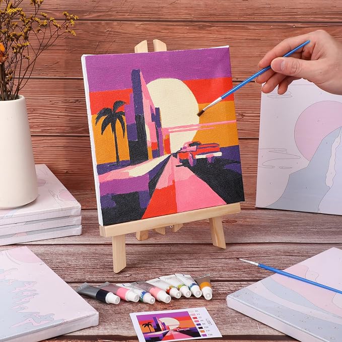 Nezyo 12 Sets Paint by Numbers Kit with Frame, Acrylic Canvas 8x8in | Beginner Friendly DIY Sets for Painting Party Classroom Birthday Gifts, Includes Numbered Canvases Brushes Paints
