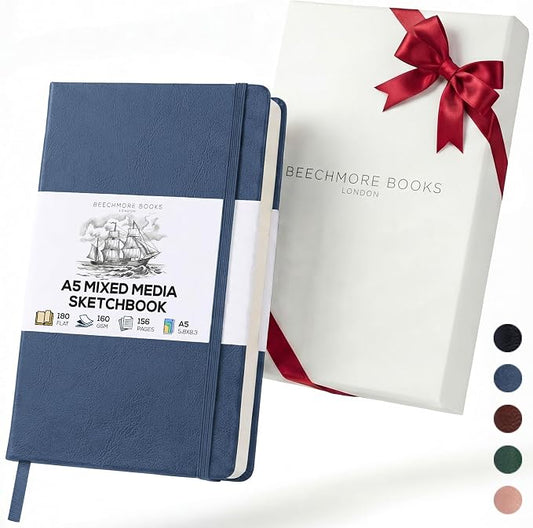 Beechmore Books A5 5.8x8.3 Mixed Media Sketchbook 160 GSM/98LB, Gift Box | Hardcover Art Journal with Lay-Flat Binding, 156 Perforated Ivory Pages, Portable Size for Drawing, Ink & Light Watercolor