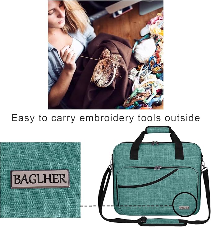 BAGLHER Cross Stitch & Embroidery Organizer Bag - Large Portable Project Storage with 3 Compartments, Travel Friendly Carrying Case for 11.2" Hoops, Threads, Supplies (Green)