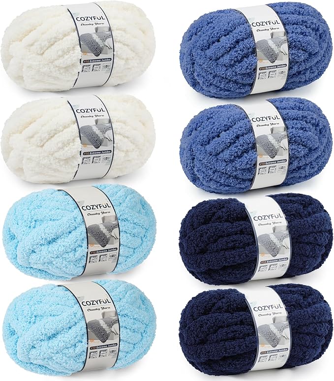 Cozyful Chunky Yarn for Hand Knitting - #10 Chunky Chenille Yarn, Jumbo Big Thick Chunky Yarns for Crocheting, Super Bulky Chunky Knit Blanket Yarns, 8 Skein (22yd, 8oz/Skein), Cream & Multi Blue