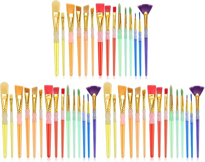 15Pcs Paint Brushes Value Pack, Includes 15 Different Types of Brushes, Nylon Colorful Hair with Silicone Crystal Penholder, Prefect Works with Oil, Acrylic and Watercolor Painting (Pack of 3)