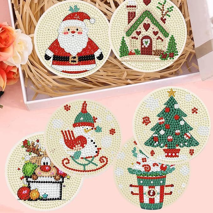 mrpwnle 8 Pcs Diamond Art Coasters Kit Christmas Diamond Painting Coasters