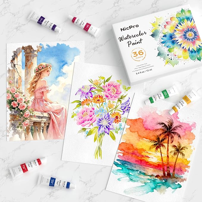 Nicpro Watercolor Paint Set for Adults, 36 Colors Watercolor Paint Tube | 12ml/0.4oz Tube, High Pigment Travel Water Color Painting Supplies for Artists Beginners, Color Wheel & Swatch Cards Included