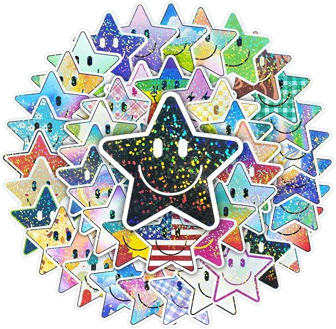 50PCS Smile Star Stickers, Glitter Stickers