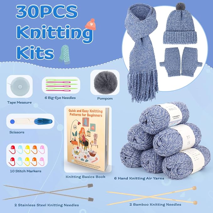 Coopay Knitting Kit for Beginners, Hat Scarf Glove Knitting Kit w/Guide | Learn to Knit Hat Scarf Glove, Knitting Starter Kit for Adults w/ 6pcs Yarn, w/Step-by-Step Tutorial, 4PCS Knitting Needles