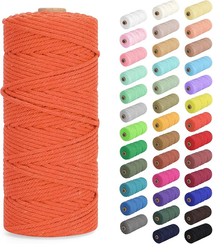 Macrame Cord 3mm x 109Yards (328Feet), Natural Cotton Macrame Rope - 4 Strands Twisted Macrame Cotton Cord for Wall Hanging, Plant Hangers, Crafts, Gift Wrapping and Wedding Decorations, Orange