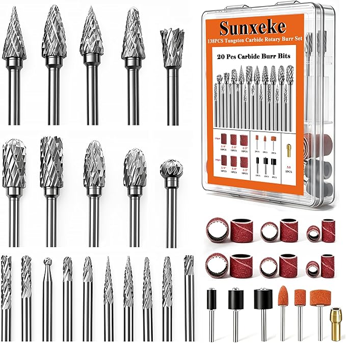 138PCS Tungsten Carbide Rotary Burr Set with Sanding Drums1/8" Shank Double‑Cut Rotary Tool Accessories for Dremel & Die Grinder, for Wood Carving, Metal Engraving, Grinding and Polishing