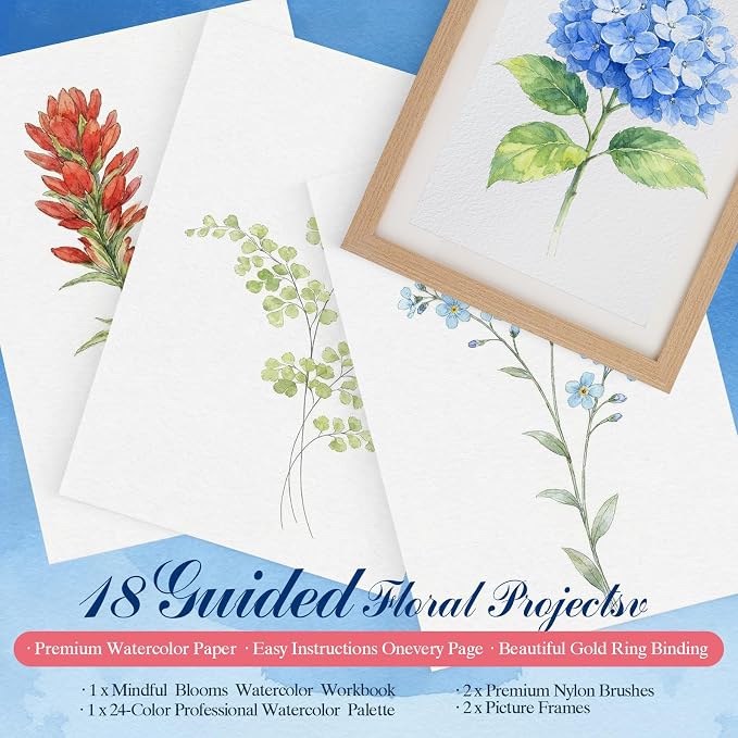 Watercolor Workbook for Beginners,18 Floral Water Coloring Book with 2 Frame,Relaxing & Easy to Paint Water Coloring Book with 24 Colors-Perfect for Gifting to Creativity & Joy for Adults