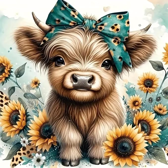 Diamond Art Painting Kits for Adults, Cow 5D Diamond Painting Dots Art Kits | DIY Highland Cow Full Round Gem Crystal Art paint by Diamond, Home Wall Decor 12 x 12 In