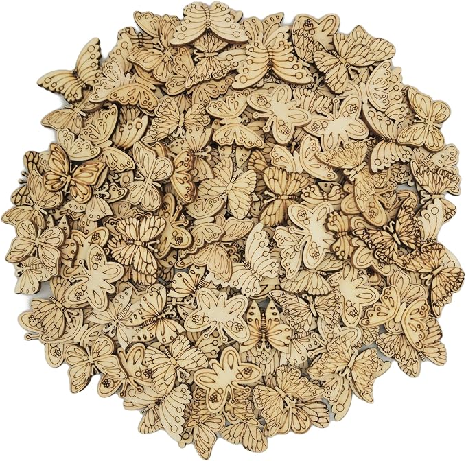 DIYOMR 200Pcs Unfinished Wood Pieces Hollow Wooden Art Decor, Vintage Embellishments Decorative Accessories for Scrapbooking Crafts DIY Home Decor (Butterflies)
