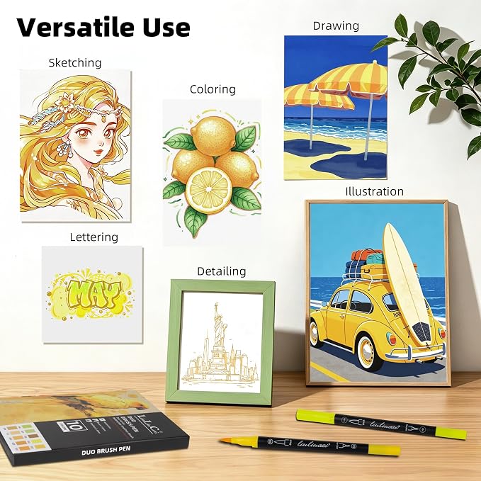 LIULIUCAI 10 Yellow Dual Markers, Fine & Brush Tip Pen for Adult Coloring