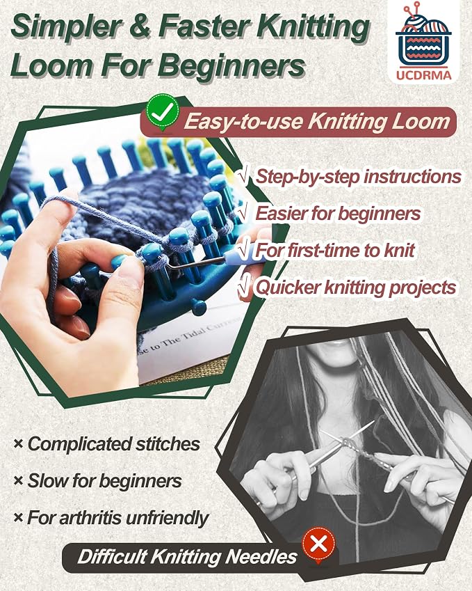 UCDRMA Premium Loom Knitting Kit 35PCS Beginners Long + Round Knitting Loom Kit with Yarn, Instructions & Pom Pom Maker, Quick Yarn Loom Set Scarf/Socks/Hat Loom Crochet Kit for Family