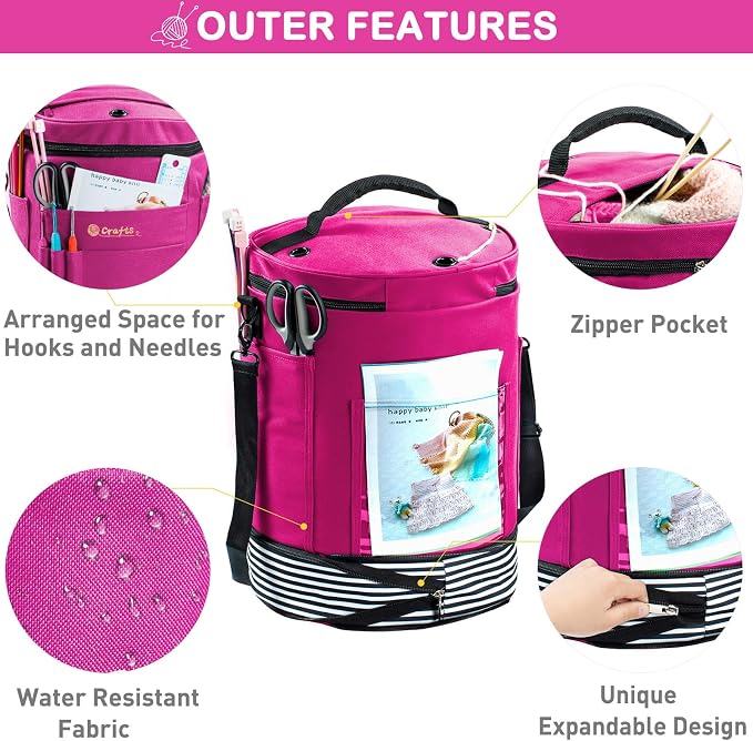 MYBAGZING Expandable Yarn Storage Organizer, Crochet Bag & Yarn Tote with Zipper Closure, Yarn Holder for Crocheting and Knitting for Yarn Skeins, Hooks, Needles,Accessories – Gift for Crafters
