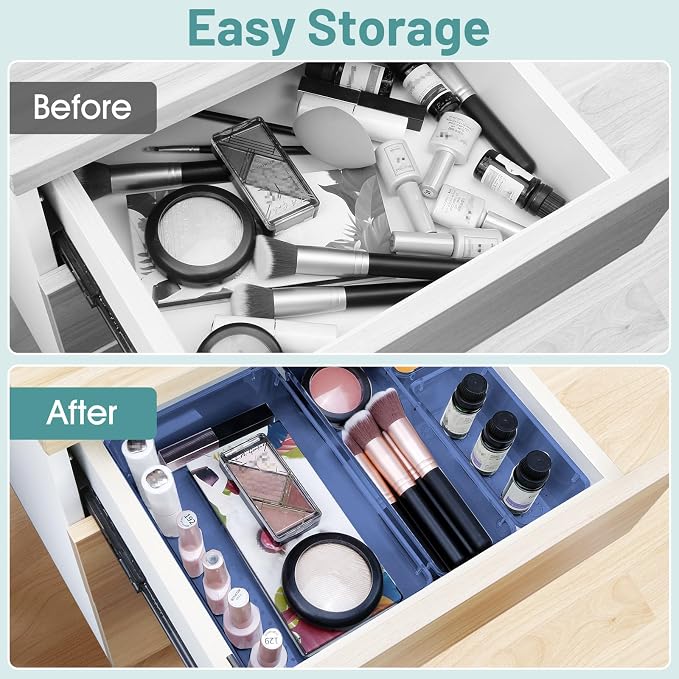 25 PCS Plastic Drawer Organizer Set, Makeup Organizers and Storage Bins | 4 Sizes Desk Drawer Divider Organizers and Storage Bins for Jewelry, Gadgets for Kitchen, Bedroom, Bathroom, Clear Dark Blue