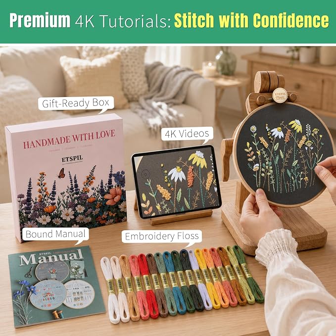ETSPIL Embroidery Kit for Adults, 2 Hoops, 4K Slow-Mo, Pre-Printed Patterns | Stitch Together. 17 Vibrant Floss, Bound Guide. Needle Minder, Storage Tube, All Tools. No Washing. Relaxing Craft for Women