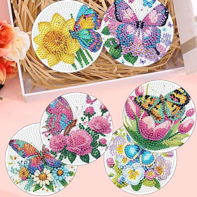 8 Pcs Diamond Art Coasters Kits, Butterfly Diamond Painting Coasters Kits