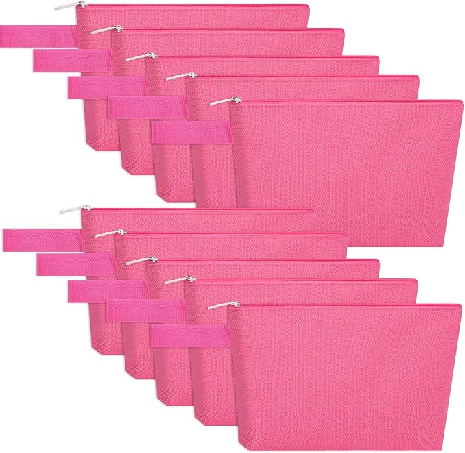 10 Pieces Cotton Canvas Makeup Bag with Bottom and Strap, Multi-Purpose Cosmetic Bag with Zipper Travel Toiletry Pouch, Blank DIY Craft Bag (Hot Pink, M)