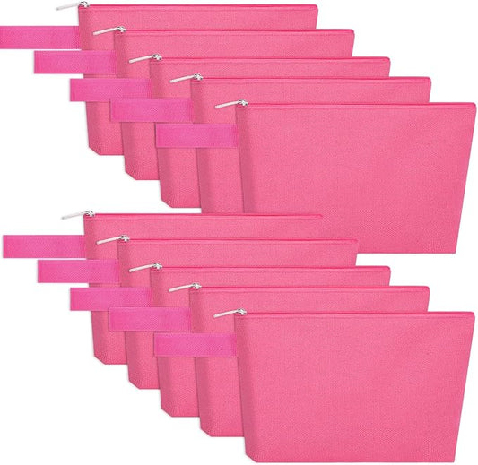 10 Pieces Cotton Canvas Makeup Bag with Bottom and Strap, Multi-Purpose Cosmetic Bag with Zipper Travel Toiletry Pouch, Blank DIY Craft Bag (Hot Pink, M)