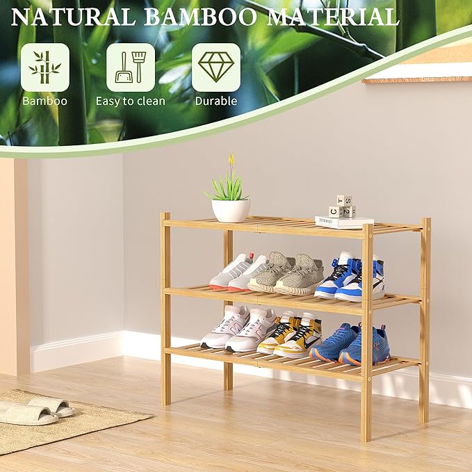 ROMGUAR CRAFT 3 Tier Bamboo Shoe Rack for Closet Free Standing Wood Shoe Shelf Storage Organizer for Entryway Small Space Stackable 27"x11"x20" (Natural) (Pack of 2)