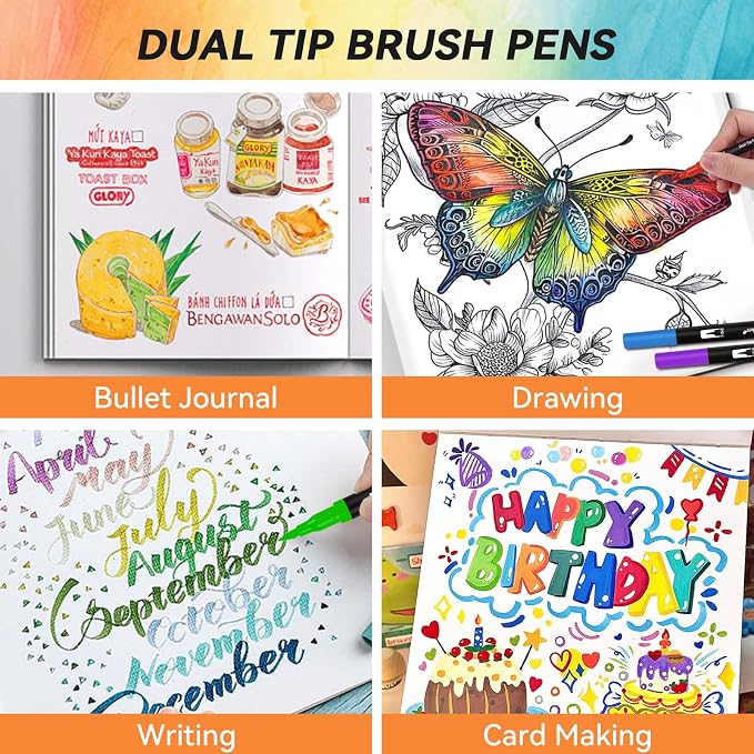 72 Colors Dual Watercolor Markers Pens for Adult Coloring Books with Bag | Art Marker Set with Fine & Brush Tip Pen for Bullet Journaling, Coloring, Drawing, Hand Lettering, Calligraphy, Art Supplies