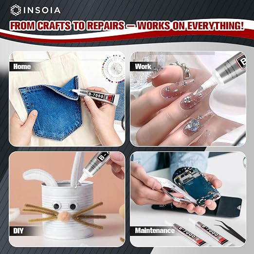 INSOIA B7000 Bedazzling Glue Tool Clear, 8 x 15ml Precision Tip