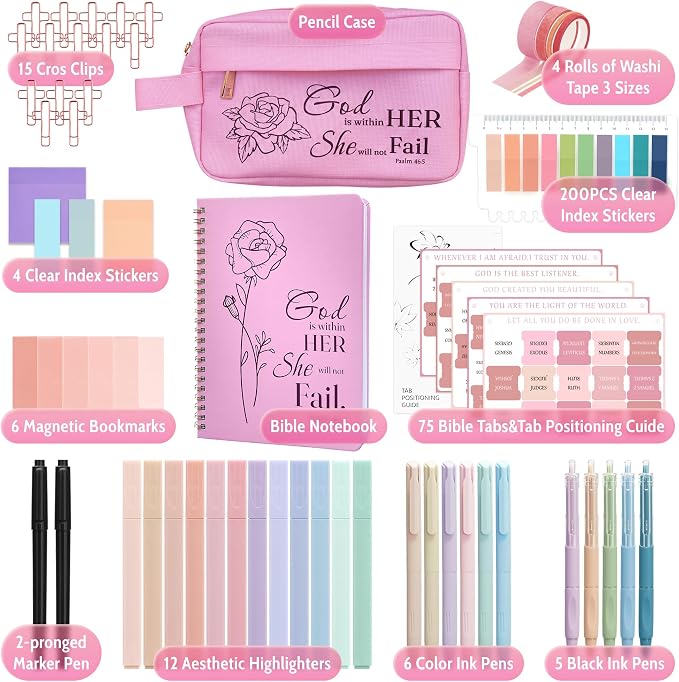 48 Pcs Bible Study Supplies for Women, Bible Journaling Kit Includes Bible Pencil Case, Tags, Pens, Highlighters, 4 Color Clear Sticky Notes, Notebook, 15 Clips, 4 Rolls of Washi Tape & More (Pink)