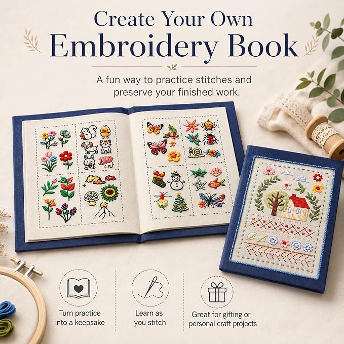 Zhenqing Embroidery Stitch Kit for Beginners, Stitch Practice Sampler Book with 200+ Patterns, Pre-Printed Fabric, Hoop, Threads, Needles & English Guide, DIY Needlework Learning Set