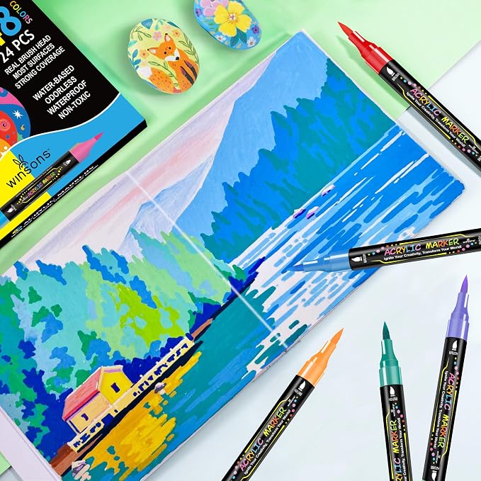 WINSONS 48 Colors Dual Tip Acrylic Paint Pens Markers, 24 Set Permanent Acrylic Paint Pens, Waterproof, Quick-Dry, Ideal for Rock Painting, Canvas, Glass, Wood, Ceramic, DIY Crafts & Art Supplies