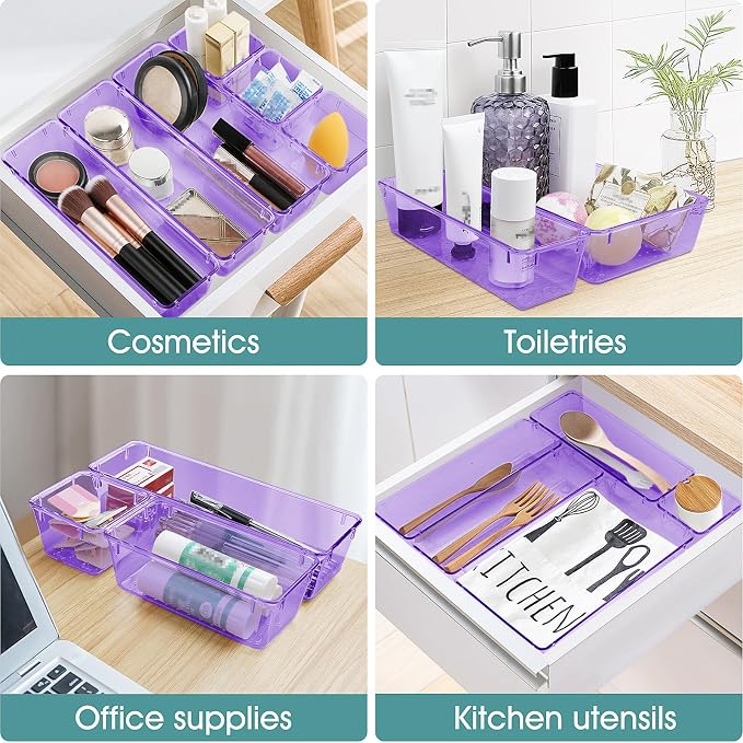 25 PCS Plastic Drawer Organizer Set, Makeup Organizers and Storage Bins | 4 Sizes Desk Drawer Divider Organizers and Storage Bins for Jewelry, Gadgets for Kitchen, Bedroom, Bathroom, Clear Purple