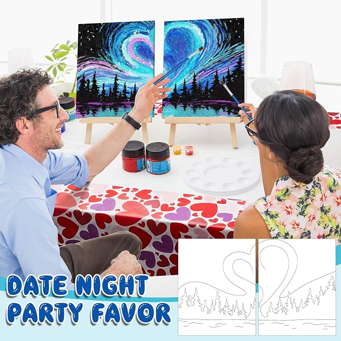 Yeaqee 13 Pcs Sip and Paint Kit for Adults Stretch Canvas Date Night Valentines Painting Kit Supplies Art Painting Set Outline Design Blank Stretch Canvas for Couple Party(Heart,10 x 8 Inch)