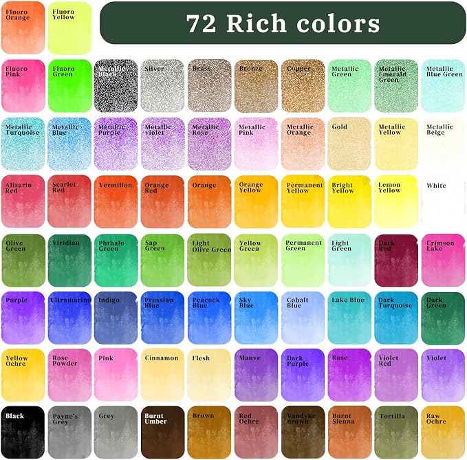 Artecho Watercolor Paint Set, 72 Colors with Metallics, Travel Case | 50 Classic, 18 Metallic & 4 Fluorescent Colors; Watercolor Paper and Brushes Included