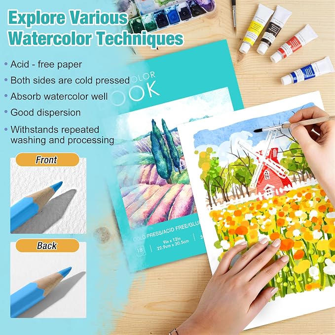 Creazic Watercolor Paper Pad, 9"x12" Water Color Paper (140lb/300gsm, 18 Sheets) - Artist Grade for Watercolor, Acrylic, Gouache & Drawing - Art Sketchbook, Watercolor Journal for Adults & Kids, Teal