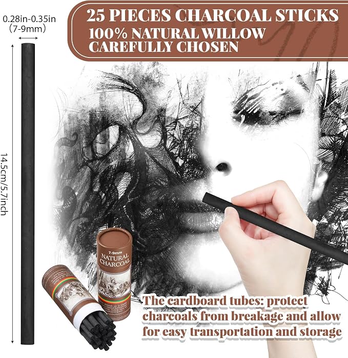Gueevin 25 Pcs Soft Willow Charcoal Sticks Drawing,7-9mm | For Artists Beginners Students, Vine Charcoal Bulk for Sketching Shading Fine Art, Assorted Sizes, Back to School Gifts